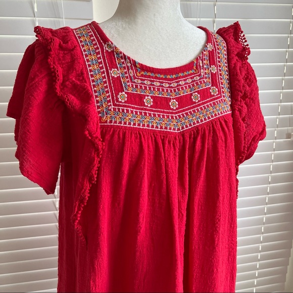 Umgee Size Small Red Floral Mini Summer Bohemian Dress Bell Sleeve Cottagecore - Picture 2 of 13